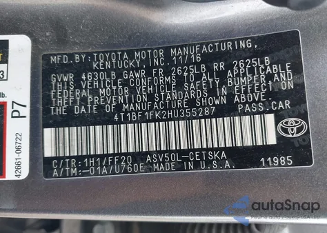 2017 Toyota Camry Se из США, поврежденный, VIN 4T1BF1FK2HU355287